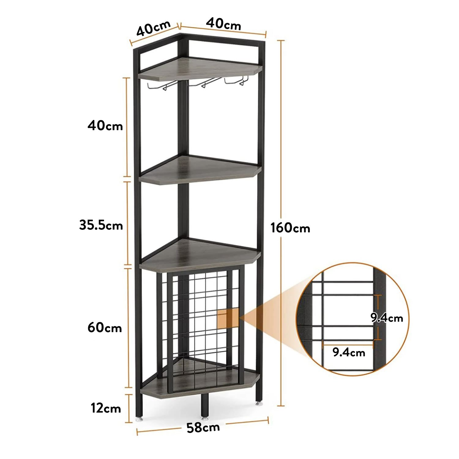 Étagère d'angle avec Support en Verre et étagères de Rangement, Barre d'angle à 4 Niveaux, 8