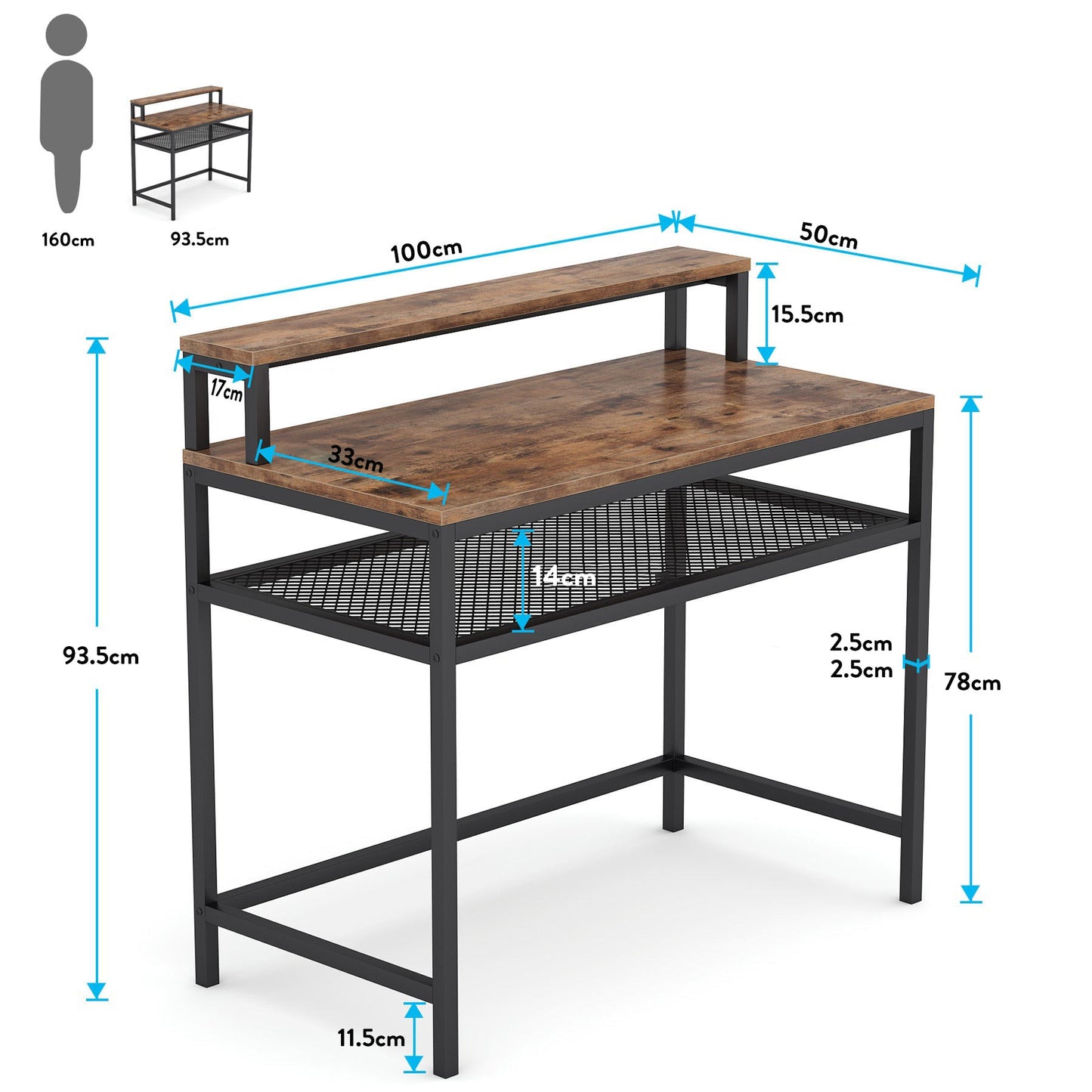 Tribesigns - Bureau, 100 cm (L) x 50 cm (l) x 76 cm (H), support de moniteur 100x17x15.5 cm