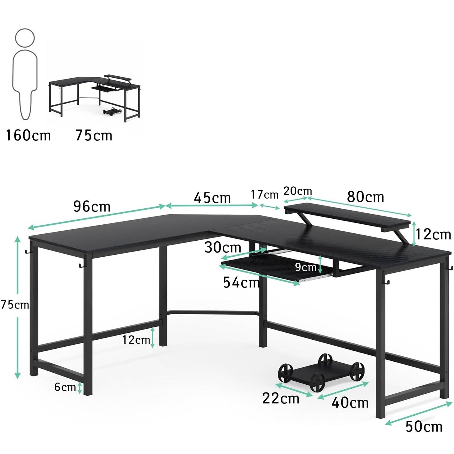 Bureau d'angle, Bureau en Forme de L, Bureau Ordinateur, Ordinateur Bureau, Table de Bureau, Noir, Tribesigns, 6