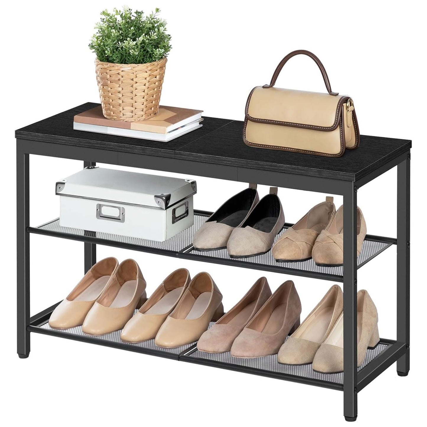 Étagère à chaussures, 3 Niveaux, Banc à Chaussures, avec 2 étagères en maille, Étagère étroite, Étagère en métal, Noir, HOOBRO, 7