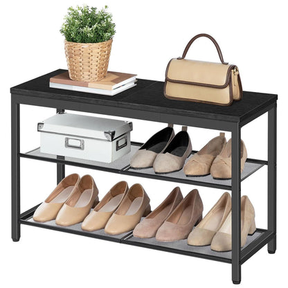 Étagère à chaussures, 3 Niveaux, Banc à Chaussures, avec 2 étagères en maille, Étagère étroite, Étagère en métal, Noir, HOOBRO, 7