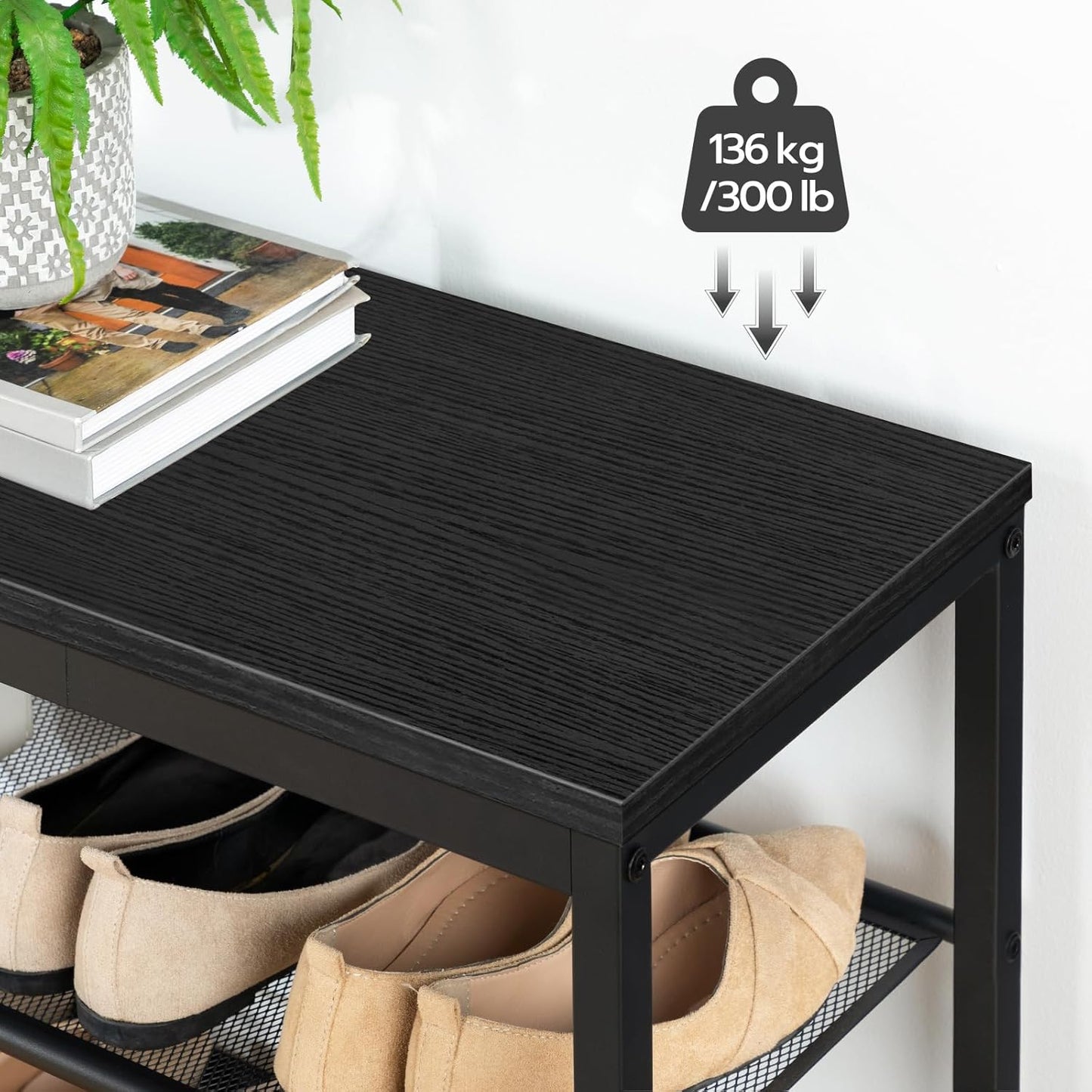 Étagère à chaussures, 3 Niveaux, Banc à Chaussures, avec 2 étagères en maille, Étagère étroite, Étagère en métal, Noir, HOOBRO, 3