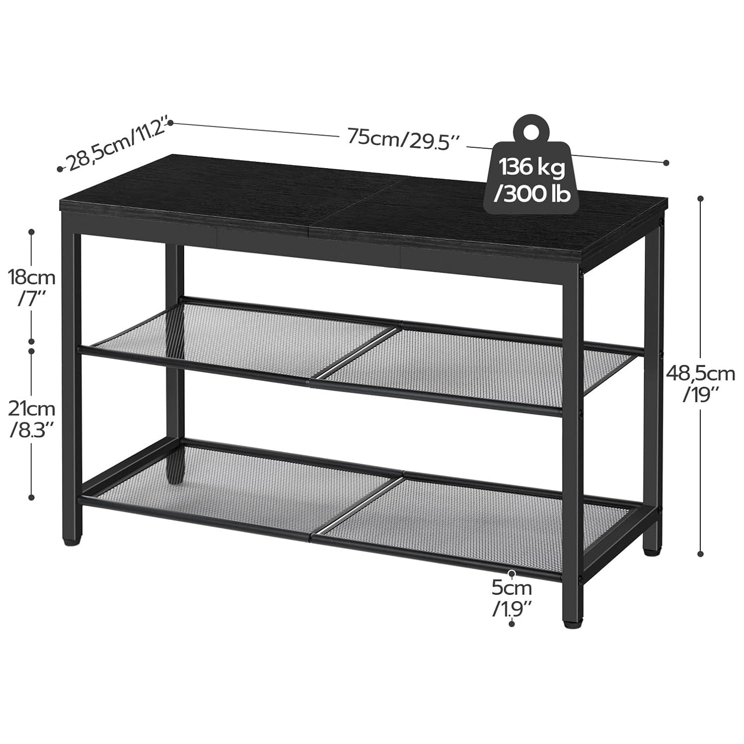 Étagère à chaussures, 3 Niveaux, Banc à Chaussures, avec 2 étagères en maille, Étagère étroite, Étagère en métal, Noir, HOOBRO, 4