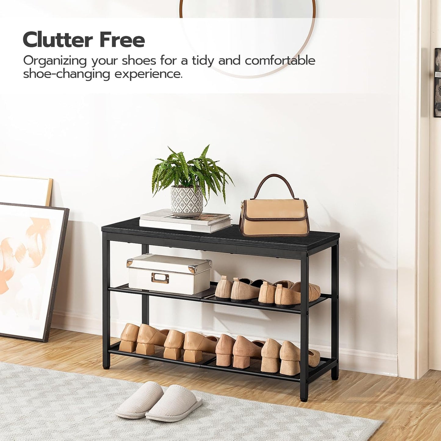 Étagère à chaussures, 3 Niveaux, Banc à Chaussures, avec 2 étagères en maille, Étagère étroite, Étagère en métal, Noir, HOOBRO, 6