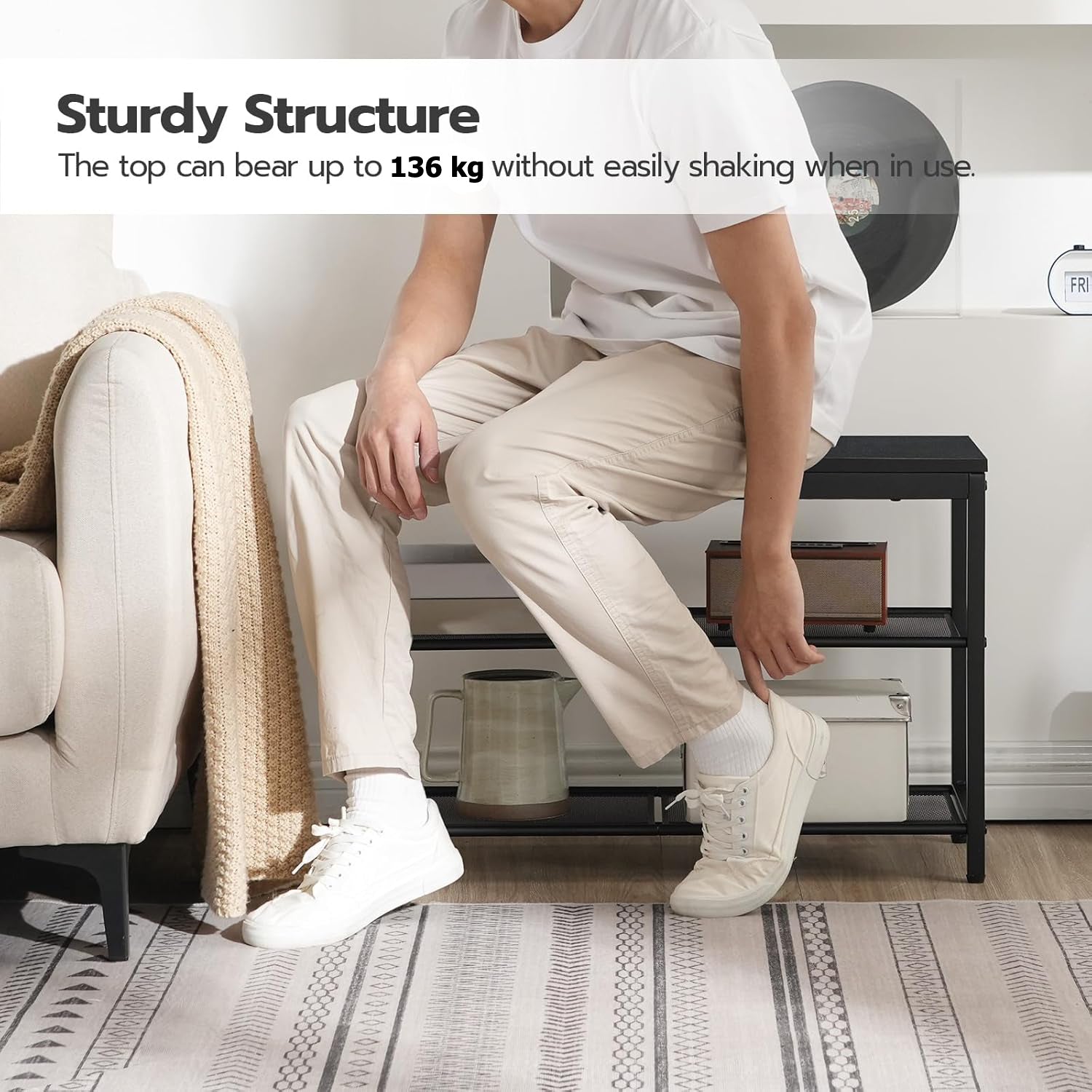 Étagère à chaussures, 3 Niveaux, Banc à Chaussures, avec 2 étagères en maille, Étagère étroite, Étagère en métal, Noir, HOOBRO, 2