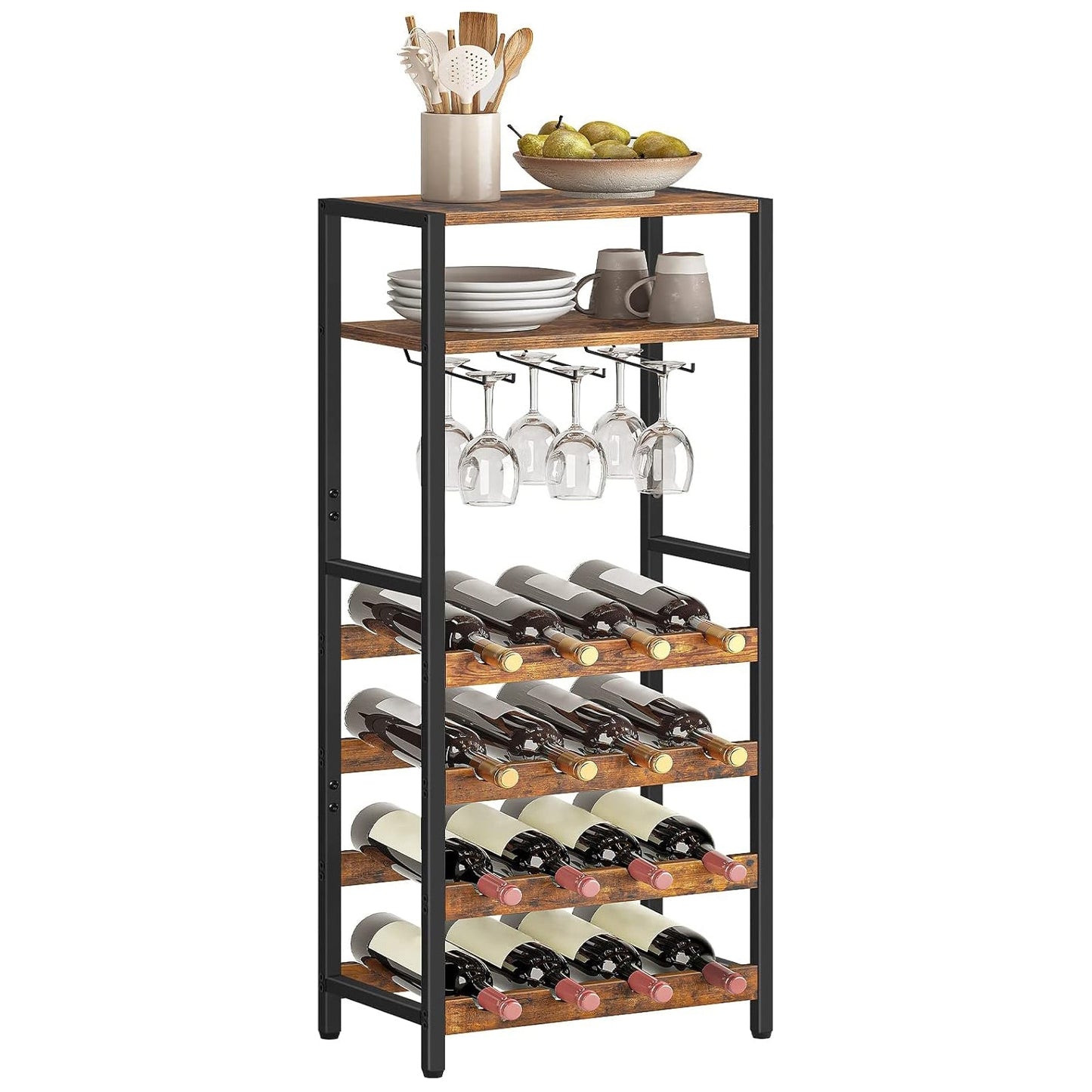Étagère à vin, 16 Bouteilles, Porte Bouteille vin, avec Support de Table et gobelet, 5 Niveaux, Marron Noir, HOOBRO, 7