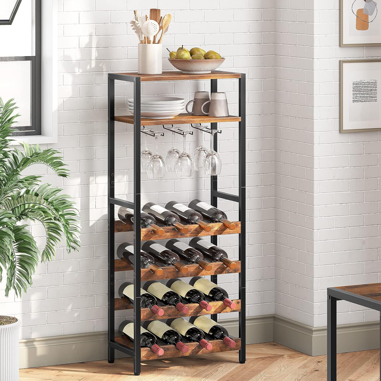 Étagère à vin, 16 Bouteilles, Porte Bouteille vin, avec Support de Table et gobelet, 5 Niveaux, Marron Noir, HOOBRO, 1