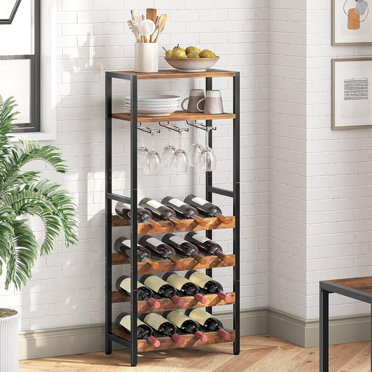 Étagère à vin, 16 Bouteilles, Porte Bouteille vin, avec Support de Table et gobelet, 5 Niveaux, Marron Noir, HOOBRO, 1