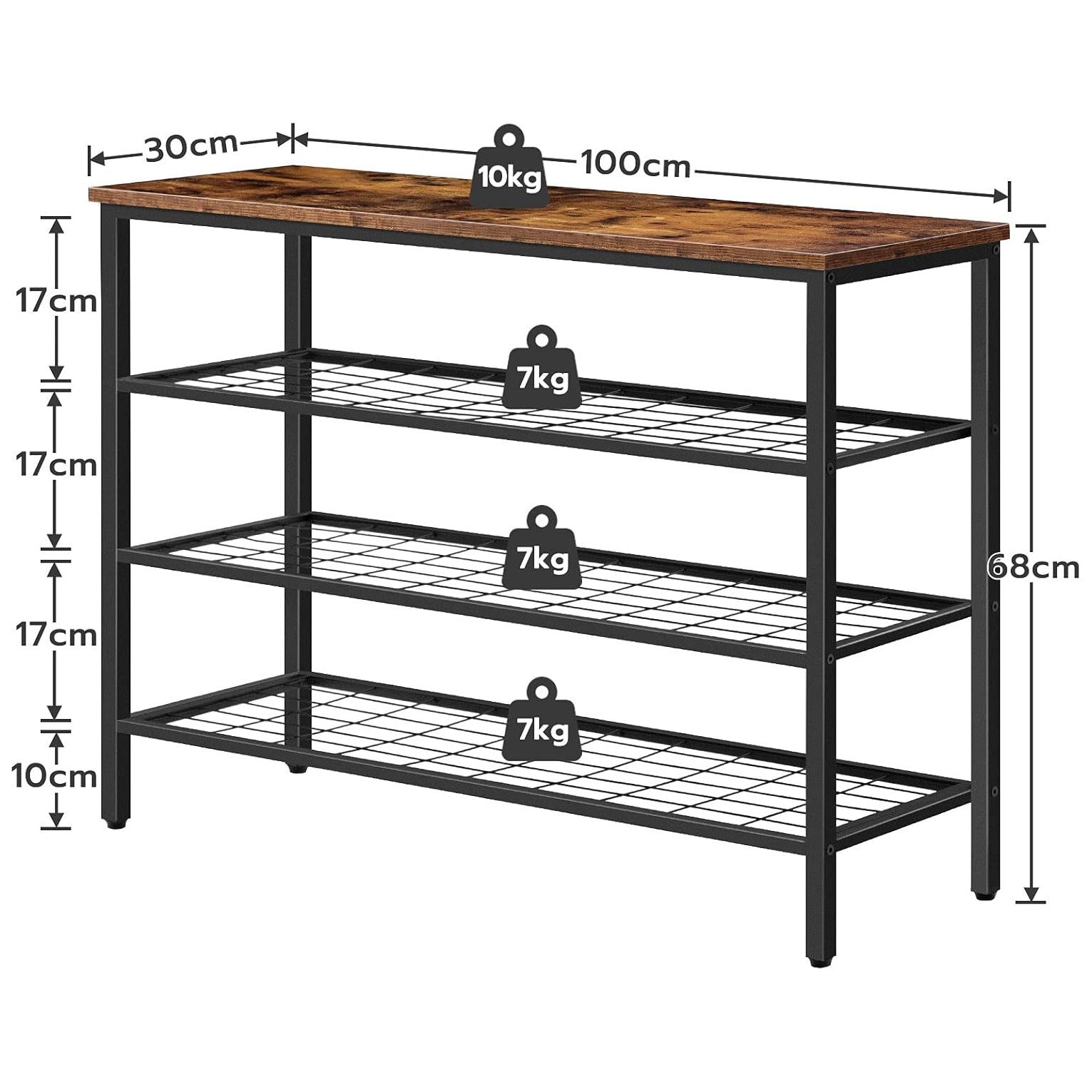 Étagère à Chaussures, 4 Niveaux, Étagère en métal, avec 3 étagères en filet, Étagère étroite, Marron Noir, HOOBRO, 3