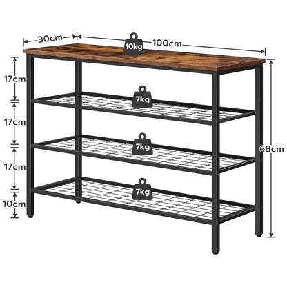 Étagère à Chaussures, 4 Niveaux, Étagère en métal, avec 3 étagères en filet, Étagère étroite, Marron Noir, HOOBRO, 3