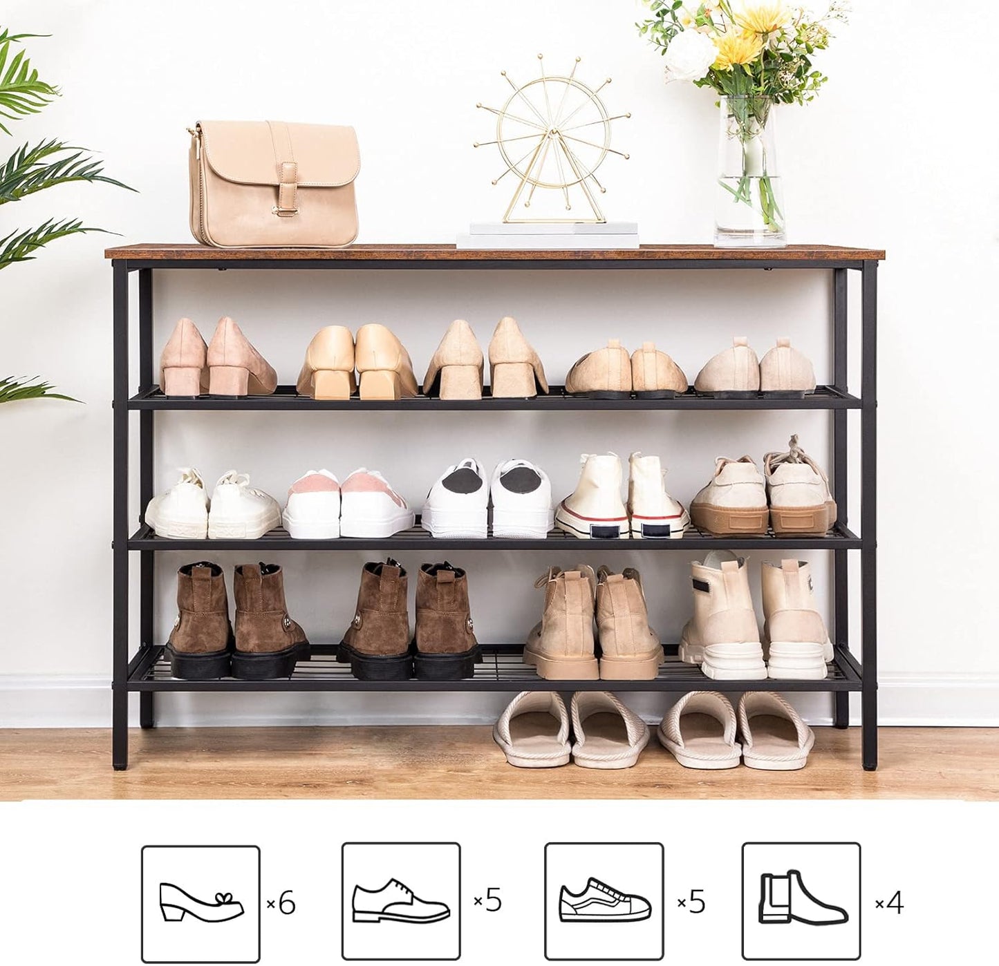 Étagère à Chaussures, 4 Niveaux, Étagère en métal, avec 3 étagères en filet, Étagère étroite, Marron Noir, HOOBRO, 5