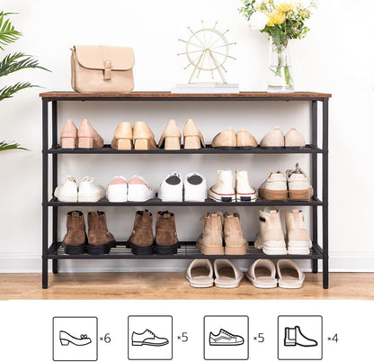 Étagère à Chaussures, 4 Niveaux, Étagère en métal, avec 3 étagères en filet, Étagère étroite, Marron Noir, HOOBRO, 5