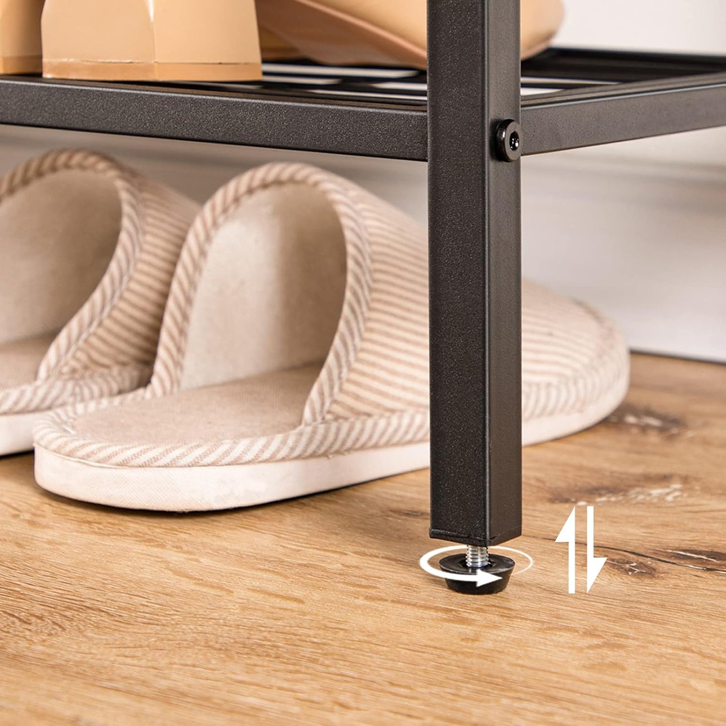 Étagère à Chaussures, 4 Niveaux, Étagère en métal, avec 3 étagères en filet, Étagère étroite, Marron Noir, HOOBRO, 4