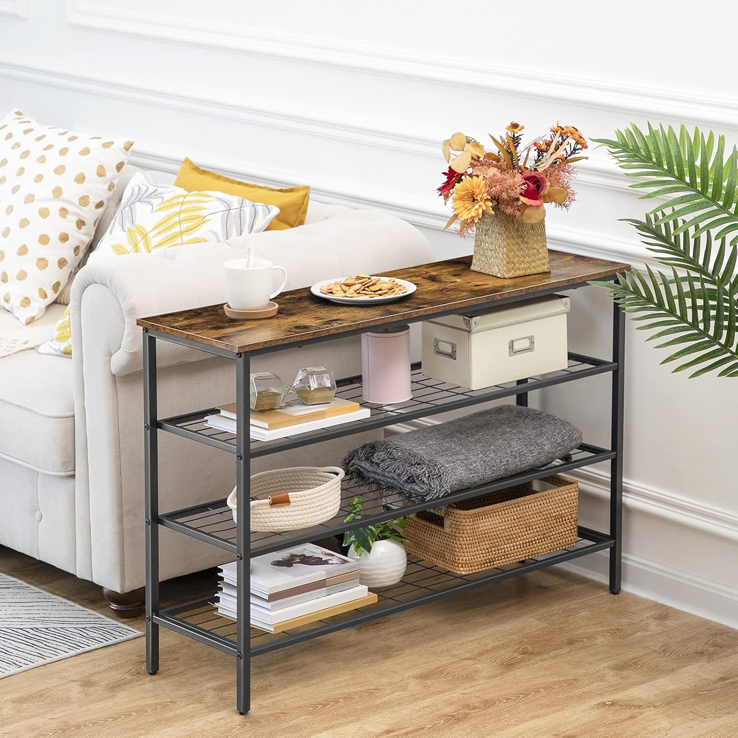 Étagère à Chaussures, 4 Niveaux, Étagère en métal, avec 3 étagères en filet, Étagère étroite, Marron Noir, HOOBRO, 6