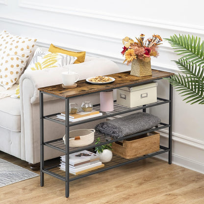 Étagère à Chaussures, 4 Niveaux, Étagère en métal, avec 3 étagères en filet, Étagère étroite, Marron Noir, HOOBRO, 6