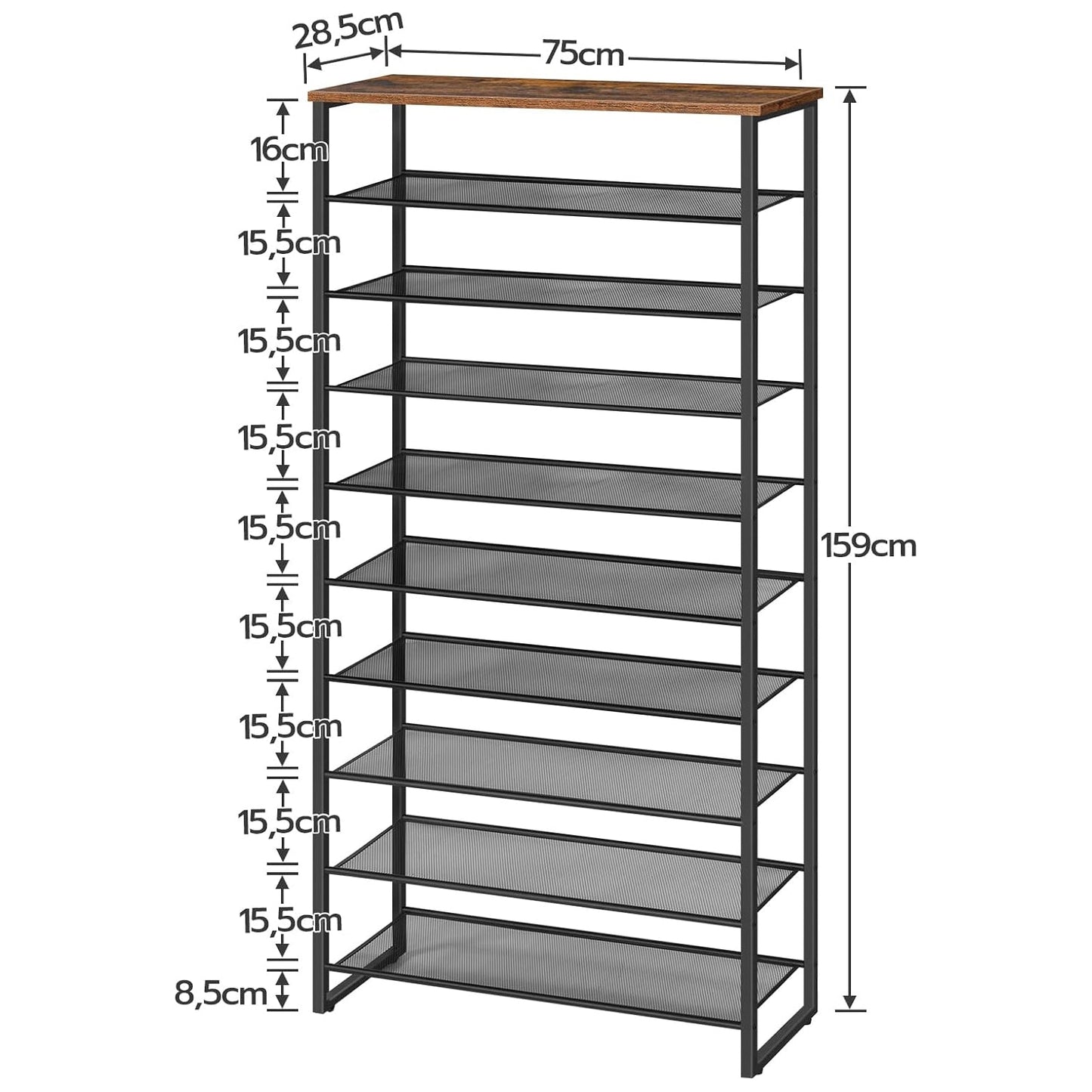 Étagère à chaussures, 10 Niveaux, pour 32-40 Paires, Étagère étroite, 75x28,5x159cm, Étagère en métal, Marron Noir, HOOBRO, 3