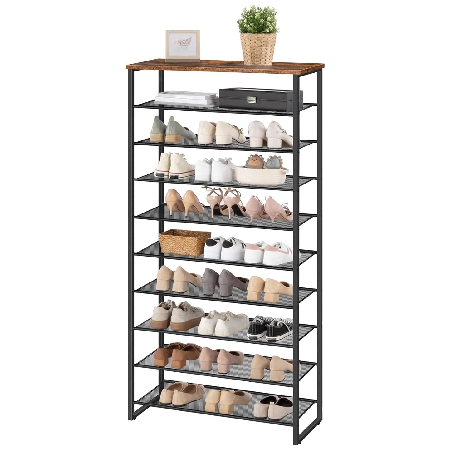 Étagère à chaussures, 10 Niveaux, pour 32-40 Paires, Étagère étroite, 75x28,5x159cm, Étagère en métal, Marron Noir, HOOBRO, 7