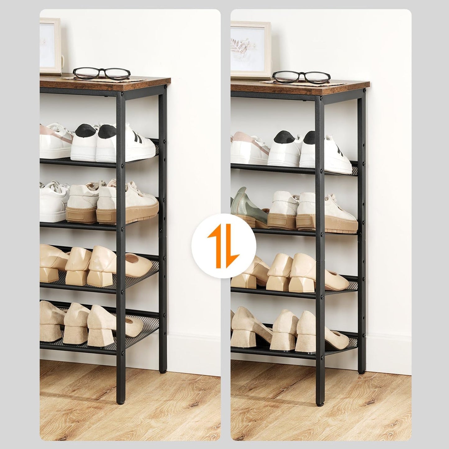 Étagère à Chaussures, 5 Niveaux, Étagère en métal, 4 Étagère réglable, pour 16 à 20 Paires, Étagère étroite, Marron Noir, HOOBRO, 6