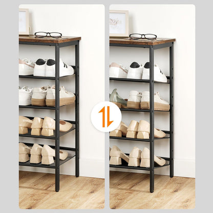 Étagère à Chaussures, 5 Niveaux, Étagère en métal, 4 Étagère réglable, pour 16 à 20 Paires, Étagère étroite, Marron Noir, HOOBRO, 6