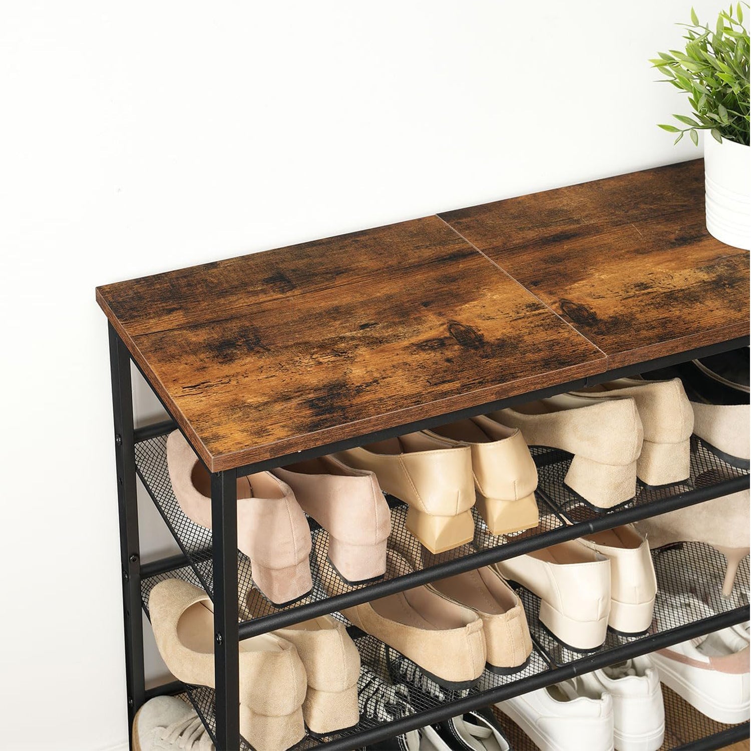 Étagère à Chaussures, 5 Niveaux, Étagère en métal, 4 Étagère réglable, pour 16 à 20 Paires, Étagère étroite, Marron Noir, HOOBRO, 2