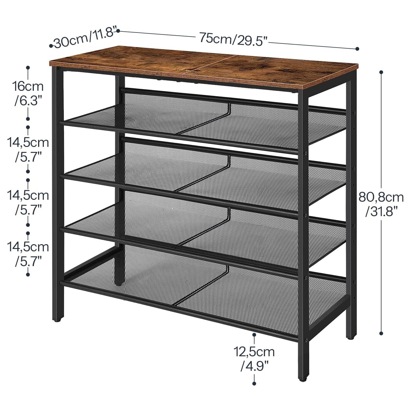 Étagère à Chaussures, 5 Niveaux, Étagère en métal, 4 Étagère réglable, pour 16 à 20 Paires, Étagère étroite, Marron Noir, HOOBRO, 3