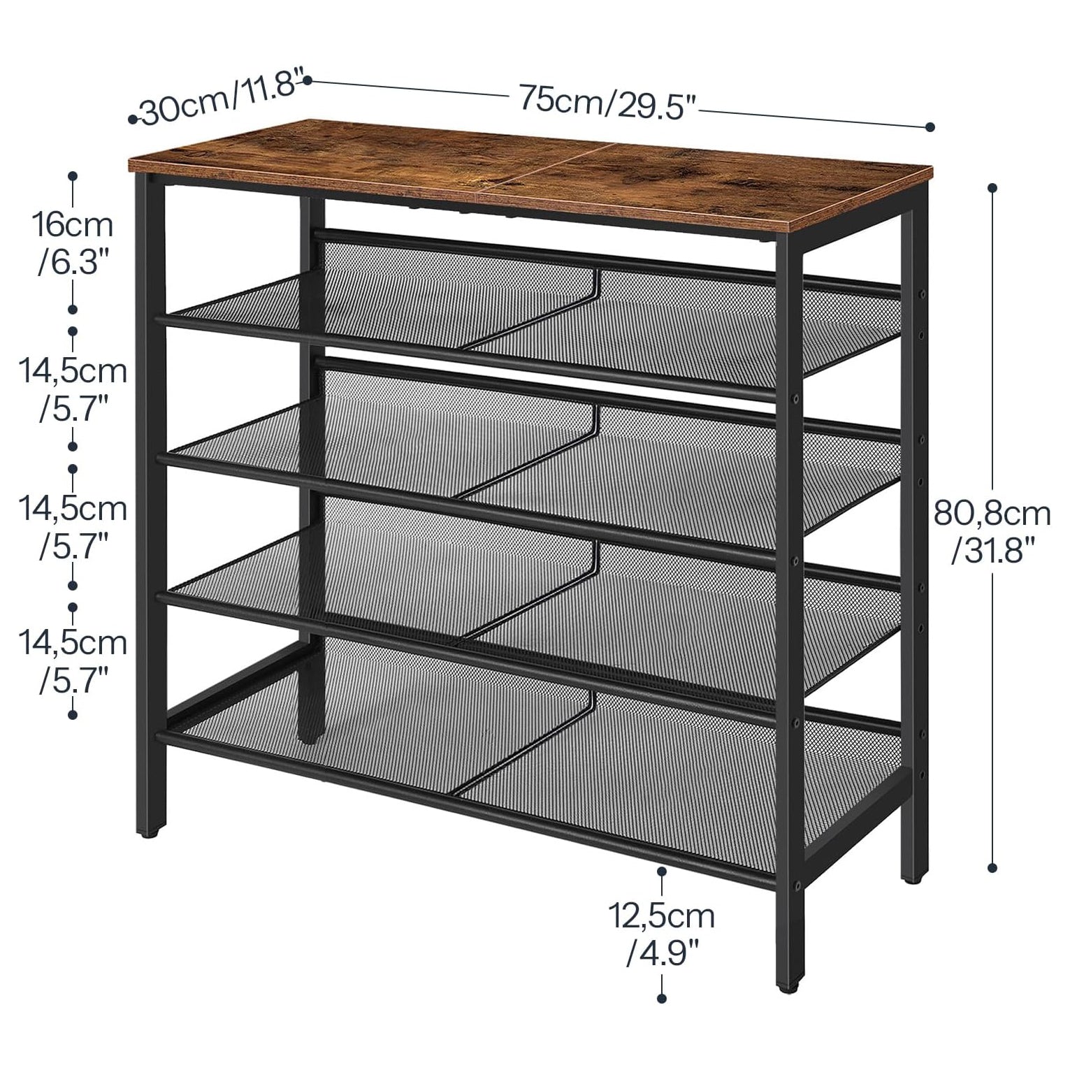 Étagère à Chaussures, 5 Niveaux, Étagère en métal, 4 Étagère réglable, pour 16 à 20 Paires, Étagère étroite, Marron Noir, HOOBRO, 3