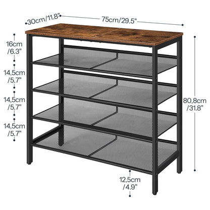 Étagère à Chaussures, 5 Niveaux, Étagère en métal, 4 Étagère réglable, pour 16 à 20 Paires, Étagère étroite, Marron Noir, HOOBRO, 3