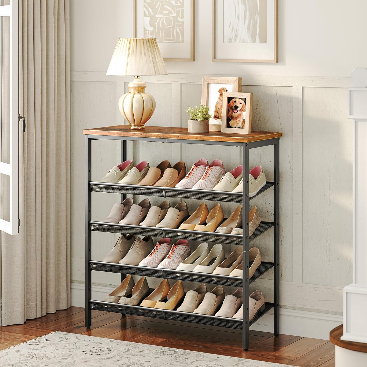 Étagère à Chaussures, 5 Niveaux, Étagère en métal, 4 Étagère réglable, pour 16 à 20 Paires, Étagère étroite, Marron Noir, HOOBRO, 1