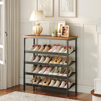 Étagère à Chaussures, 5 Niveaux, Étagère en métal, 4 Étagère réglable, pour 16 à 20 Paires, Étagère étroite, Marron Noir, HOOBRO, 1