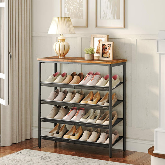 Étagère à Chaussures, 5 Niveaux, Étagère en métal, 4 Étagère réglable, pour 16 à 20 Paires, Étagère étroite, Marron Noir, HOOBRO, 1