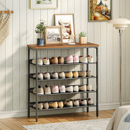 Étagère à Chaussures, 5 Niveaux, Étagère en métal, 4 Étagère réglable, pour 16 à 20 Paires, Étagère étroite, Marron Noir, HOOBRO, 8