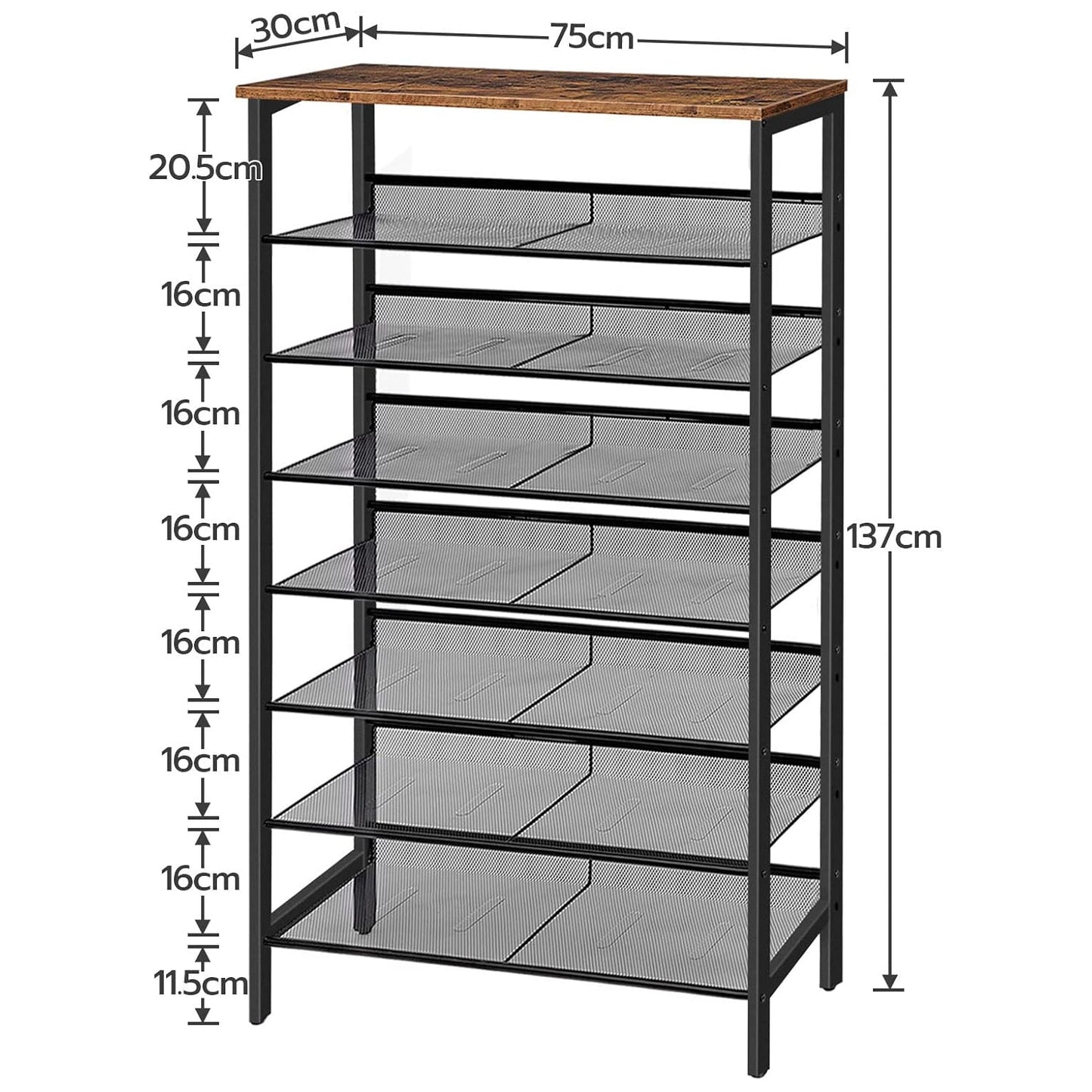Étagère à Chaussures, 8 Niveaux, Étagère en métal, 7 Étagère réglable, pour 21-28 Paires, Étagère étroite, Marron Noir, HOOBRO, 4