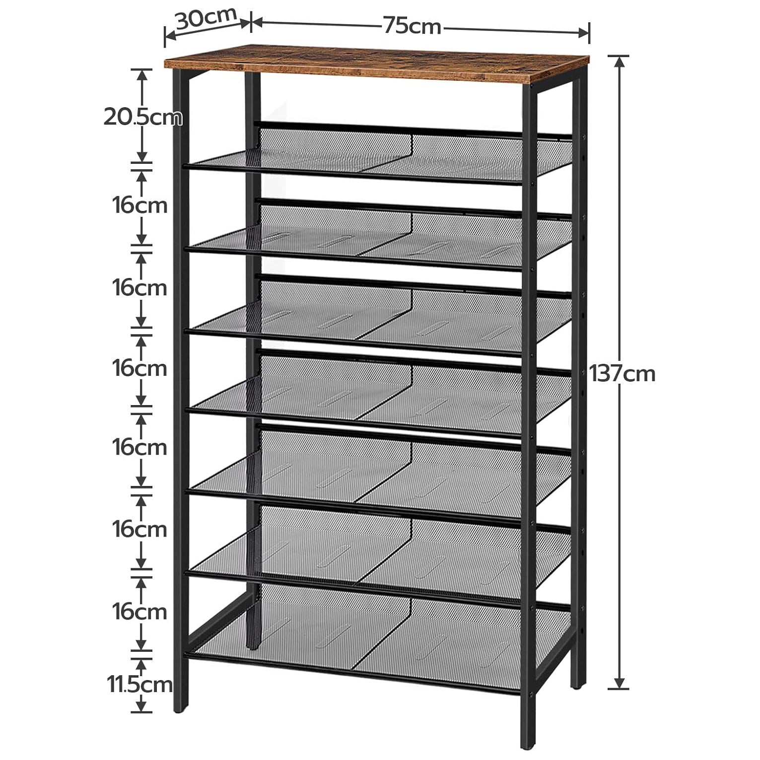 Étagère à Chaussures, 8 Niveaux, Étagère en métal, 7 Étagère réglable, pour 21-28 Paires, Étagère étroite, Marron Noir, HOOBRO, 4
