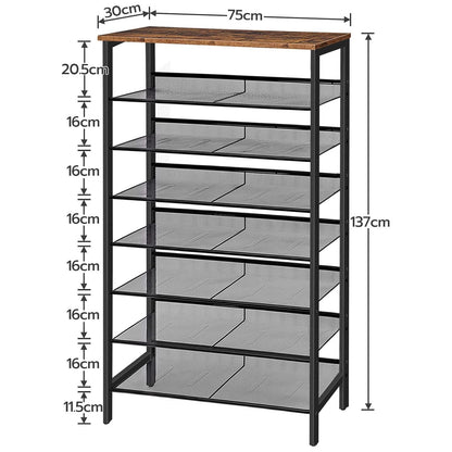 Étagère à Chaussures, 8 Niveaux, Étagère en métal, 7 Étagère réglable, pour 21-28 Paires, Étagère étroite, Marron Noir, HOOBRO, 4