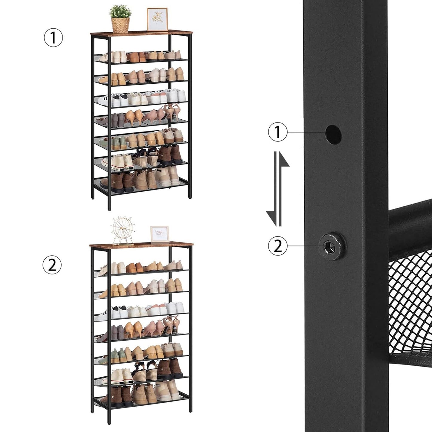 Étagère à Chaussures, 8 Niveaux, Étagère en métal, 7 Étagère réglable, pour 21-28 Paires, Étagère étroite, Marron Noir, HOOBRO, 3