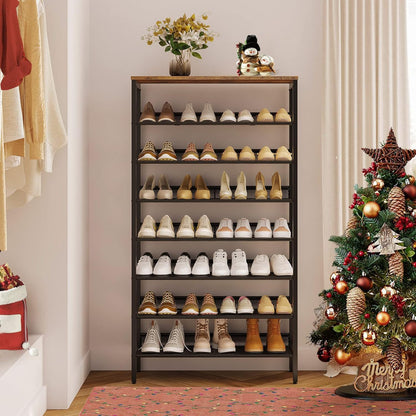 Étagère à Chaussures, 8 Niveaux, Étagère en métal, 7 Étagère réglable, pour 21-28 Paires, Étagère étroite, Marron Noir, HOOBRO, 1