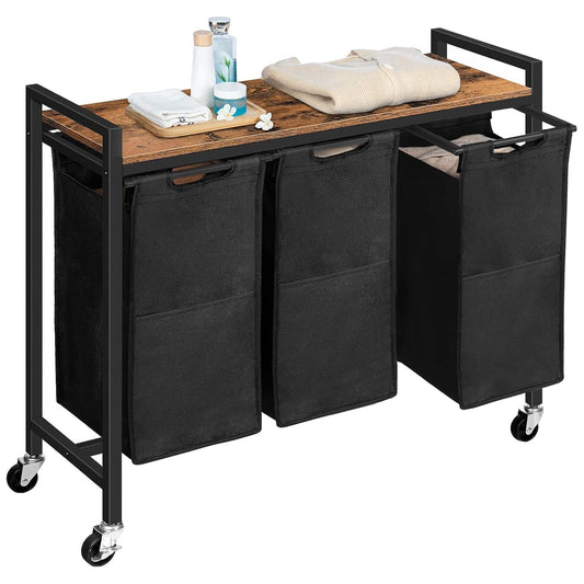 Panier à Linge, sur Roulette, 3 x 39,8 L, Corbeille à Linge, avec Étagère, 3 Sacs en Tissu Oxford, Marron et Noir, HOOBRO, 1
