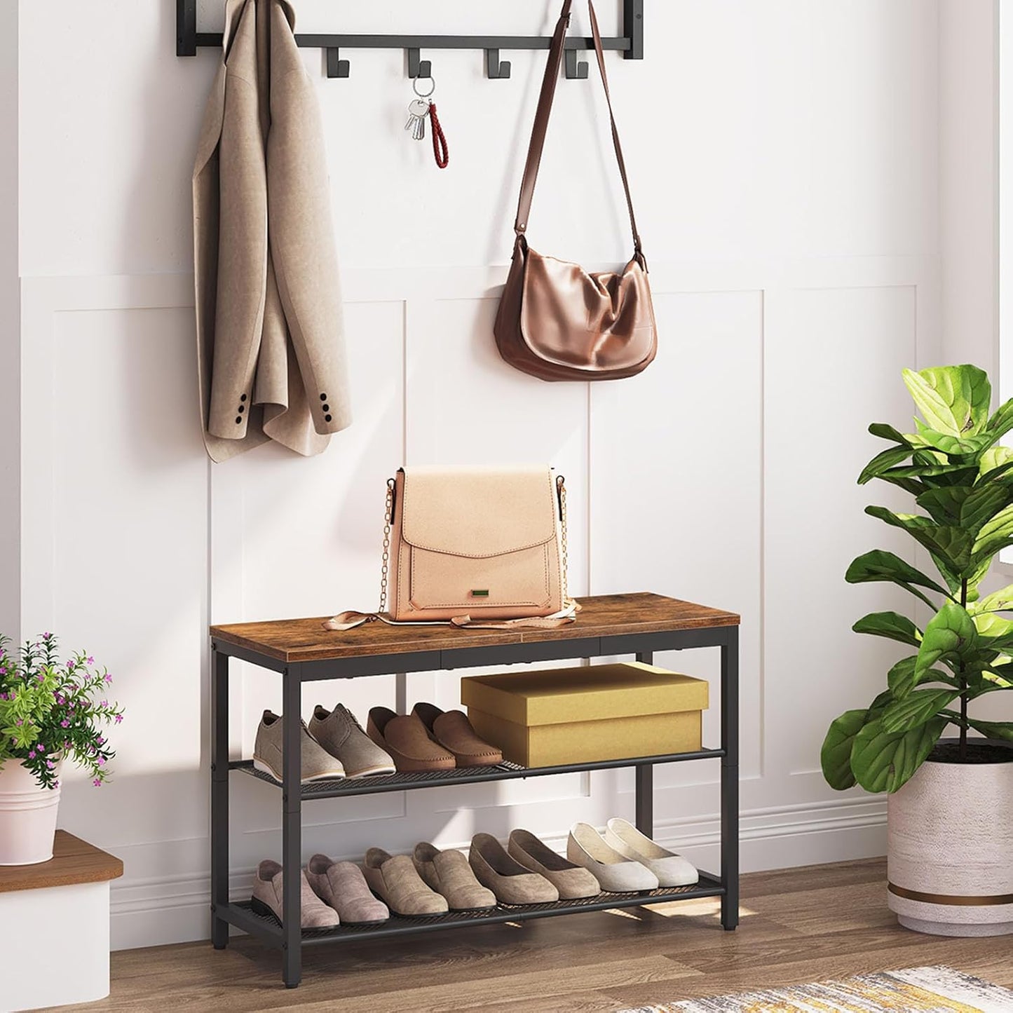 Étagère à chaussures, 3 Niveaux, Banc à Chaussures, avec 2 étagères en maille, Étagère étroite, Étagère en métal, Noir Brun, HOOBRO, 6