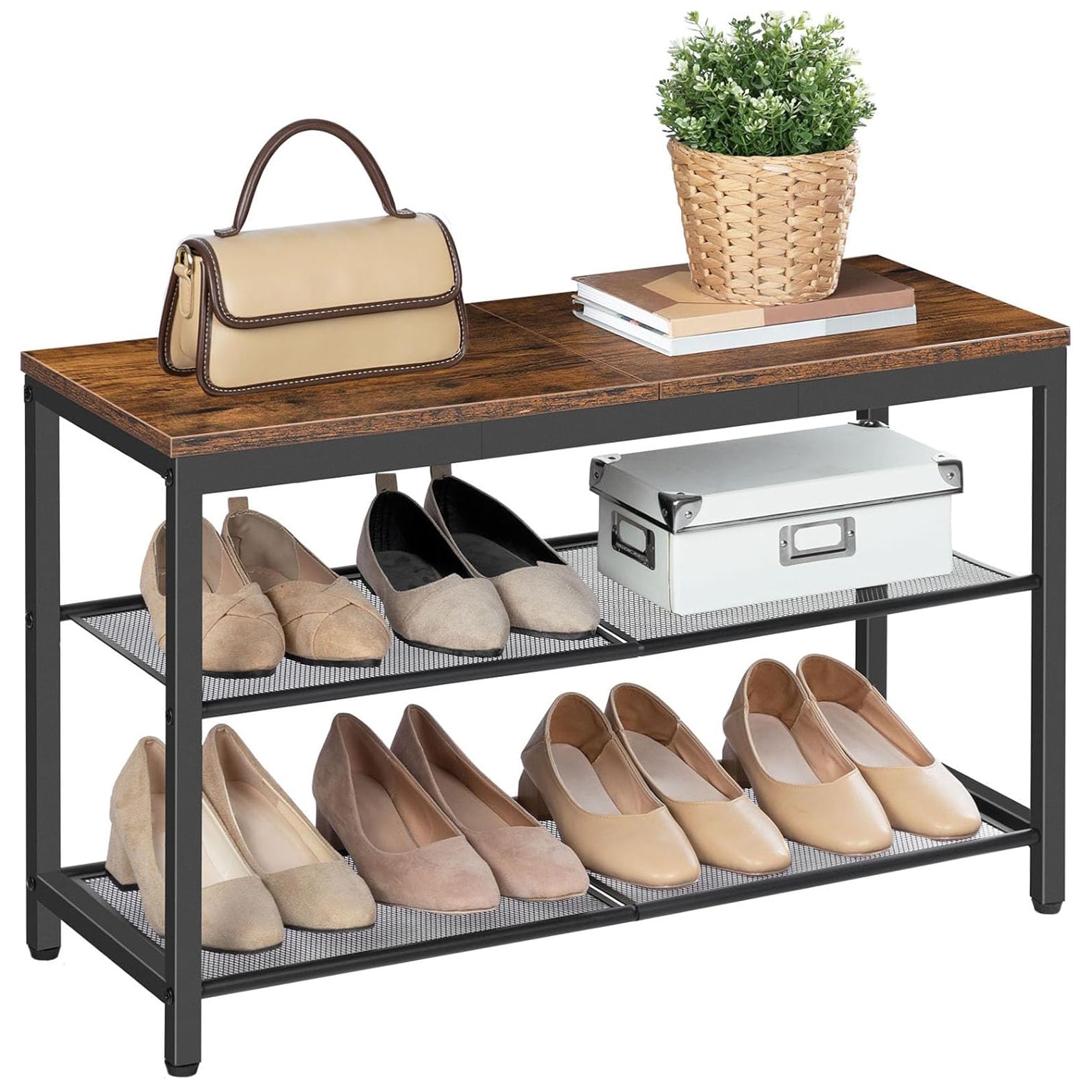Étagère à chaussures, 3 Niveaux, Banc à Chaussures, avec 2 étagères en maille, Étagère étroite, Étagère en métal, Noir Brun, HOOBRO, 7