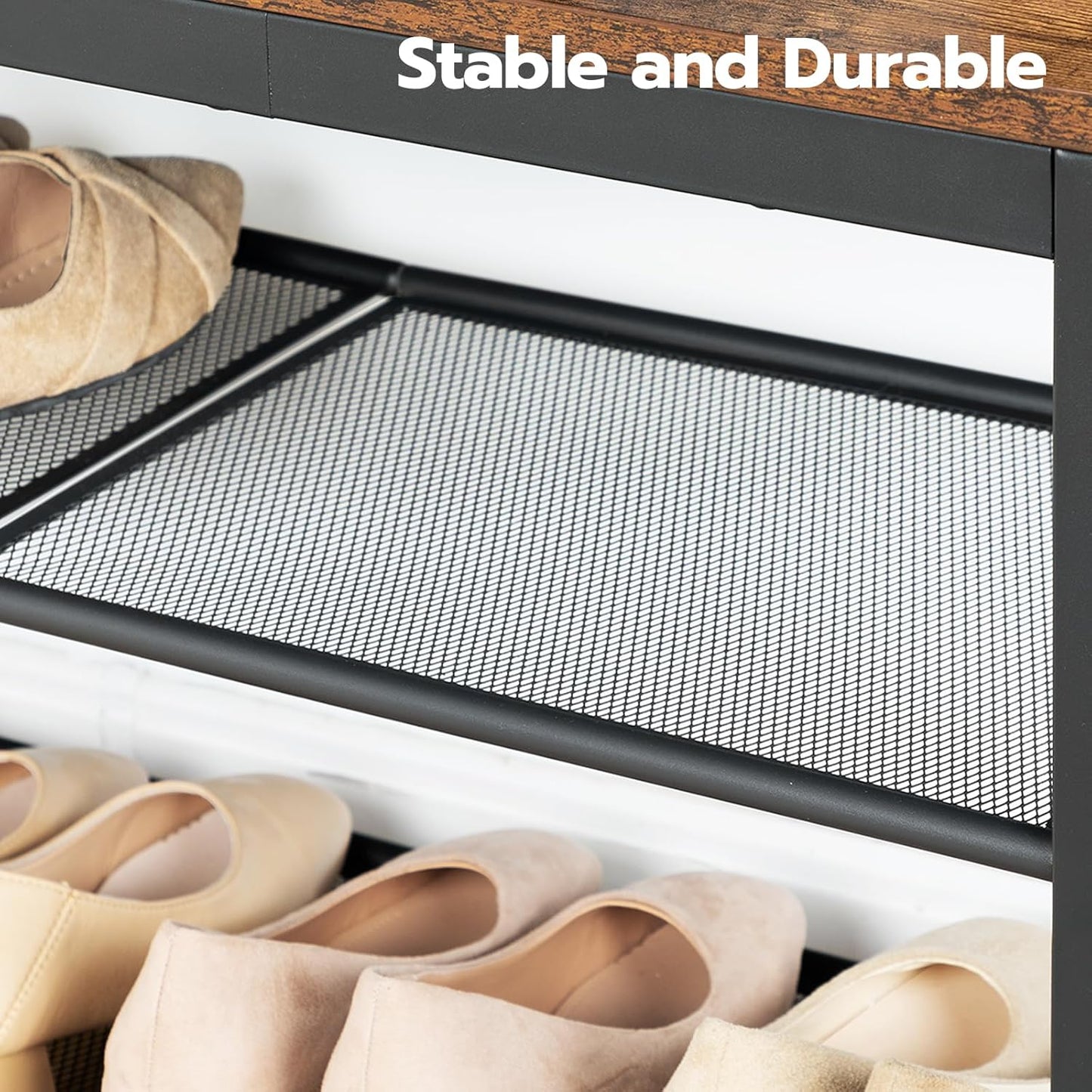 Étagère à chaussures, 3 Niveaux, Banc à Chaussures, avec 2 étagères en maille, Étagère étroite, Étagère en métal, Noir Brun, HOOBRO, 4