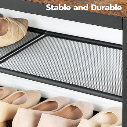 Étagère à chaussures, 3 Niveaux, Banc à Chaussures, avec 2 étagères en maille, Étagère étroite, Étagère en métal, Noir Brun, HOOBRO, 4