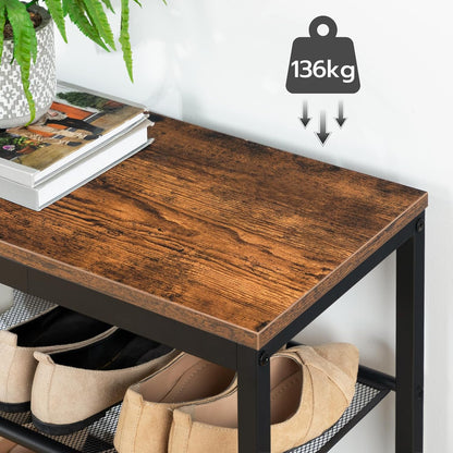 Étagère à chaussures, 3 Niveaux, Banc à Chaussures, avec 2 étagères en maille, Étagère étroite, Étagère en métal, Noir Brun, HOOBRO, 2