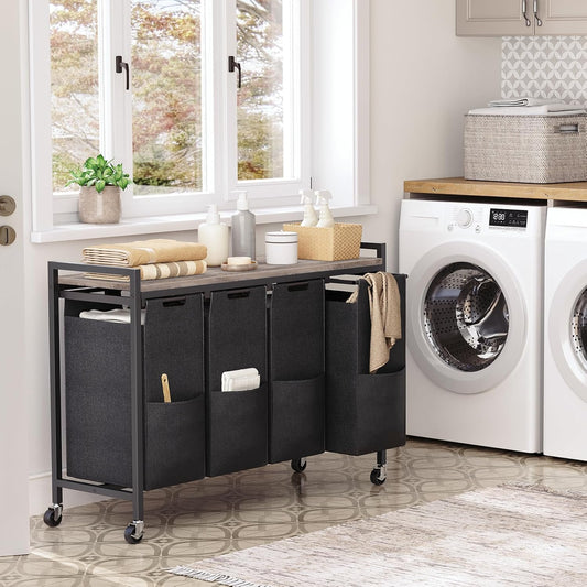 Panier à Linge, sur Roulette, 4 x 39,8 L, Corbeille à Linge, avec Étagère, 4 Sacs Amovibles en Tissu Oxford, Grège Noir, HOOBRO, 1