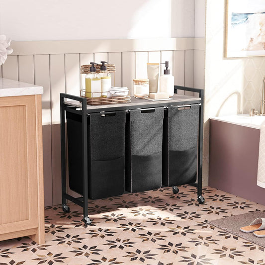 Panier à Linge, sur Roulette, 3 x 39,8 L, Corbeille à Linge, avec Étagère, 3 Sacs en Tissu Oxford, Greige-Schwarz, HOOBRO, 1