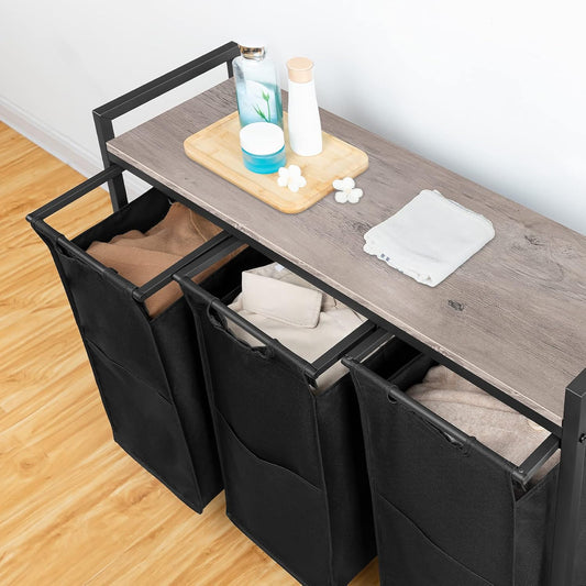 Panier à Linge, sur Roulette, 3 x 39,8 L, Corbeille à Linge, avec Étagère, 3 Sacs en Tissu Oxford, Greige-Schwarz, HOOBRO, 2