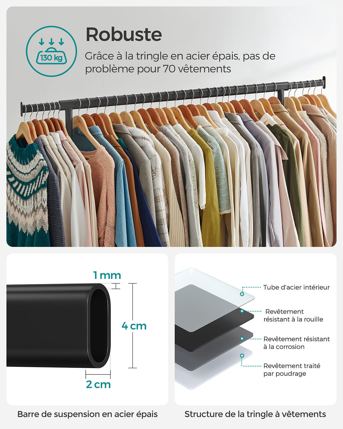 Portant Vêtement Solide, Charge 130 kg, avec Roulettes, Tringle Extensible pour Charge Lourde, Métal, Noir, SONGMICS, 3