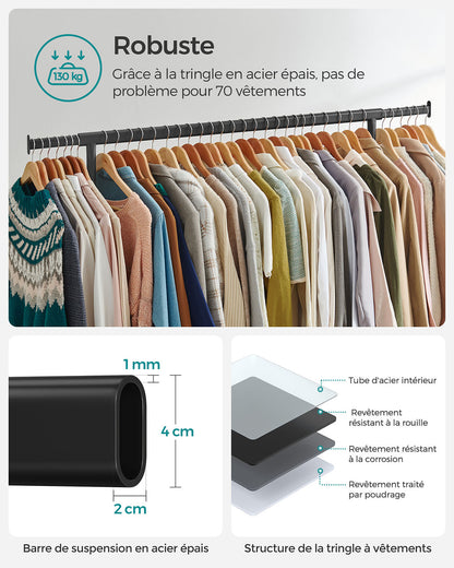Portant Vêtement Solide, Charge 130 kg, avec Roulettes, Tringle Extensible pour Charge Lourde, Métal, Noir, SONGMICS, 3