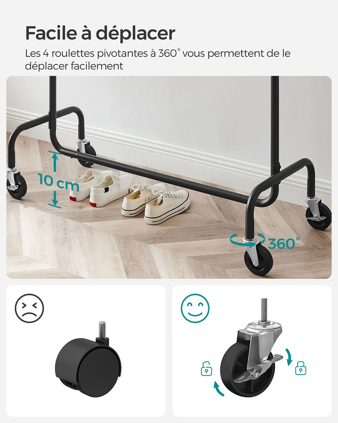 Portant Vêtement Solide, Charge 130 kg, avec Roulettes, Tringle Extensible pour Charge Lourde, Métal, Noir, SONGMICS, 4