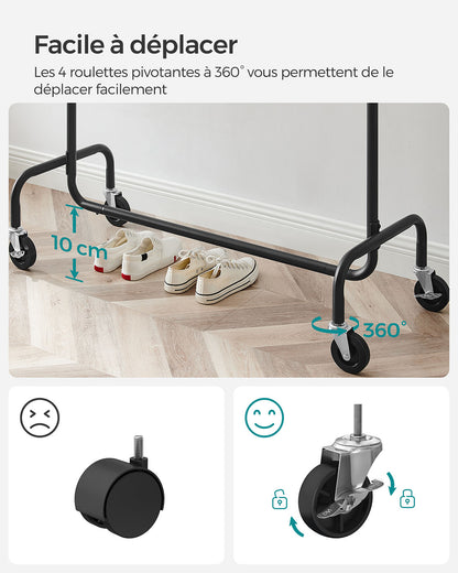 Portant Vêtement Solide, Charge 130 kg, avec Roulettes, Tringle Extensible pour Charge Lourde, Métal, Noir, SONGMICS, 4