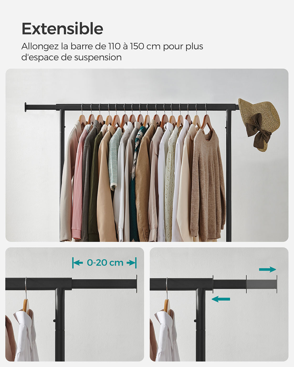 Portant Vêtement Solide, Charge 130 kg, avec Roulettes, Tringle Extensible pour Charge Lourde, Métal, Noir, SONGMICS, 2